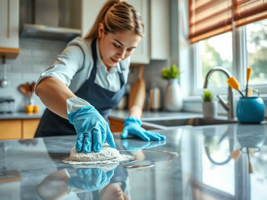 A professional cleaner meticulously scrubbing a kitchen countertop, showcasing the attention to detail provided in Bond Cleaning Capalaba's end-of-lease cleaning service.